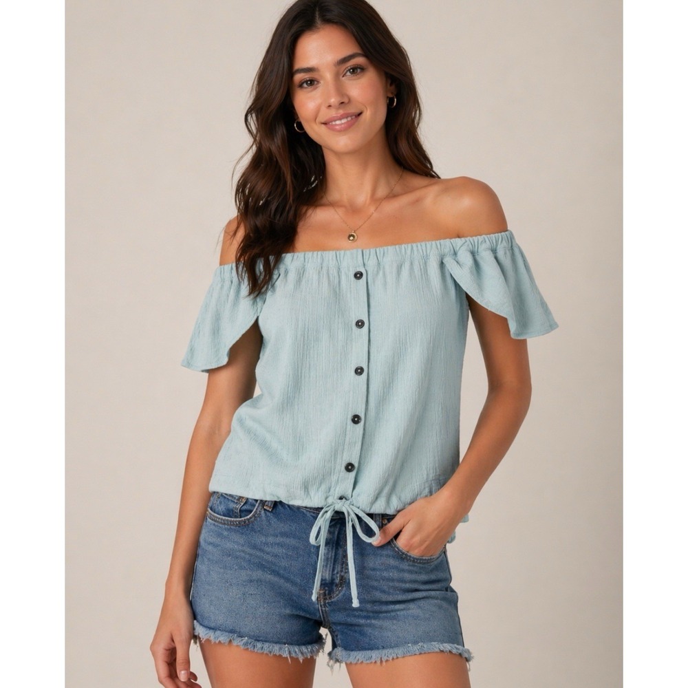 Madewell Texture And Thread Light Blue Off Shoulder‎ Top Button Front Tie M
